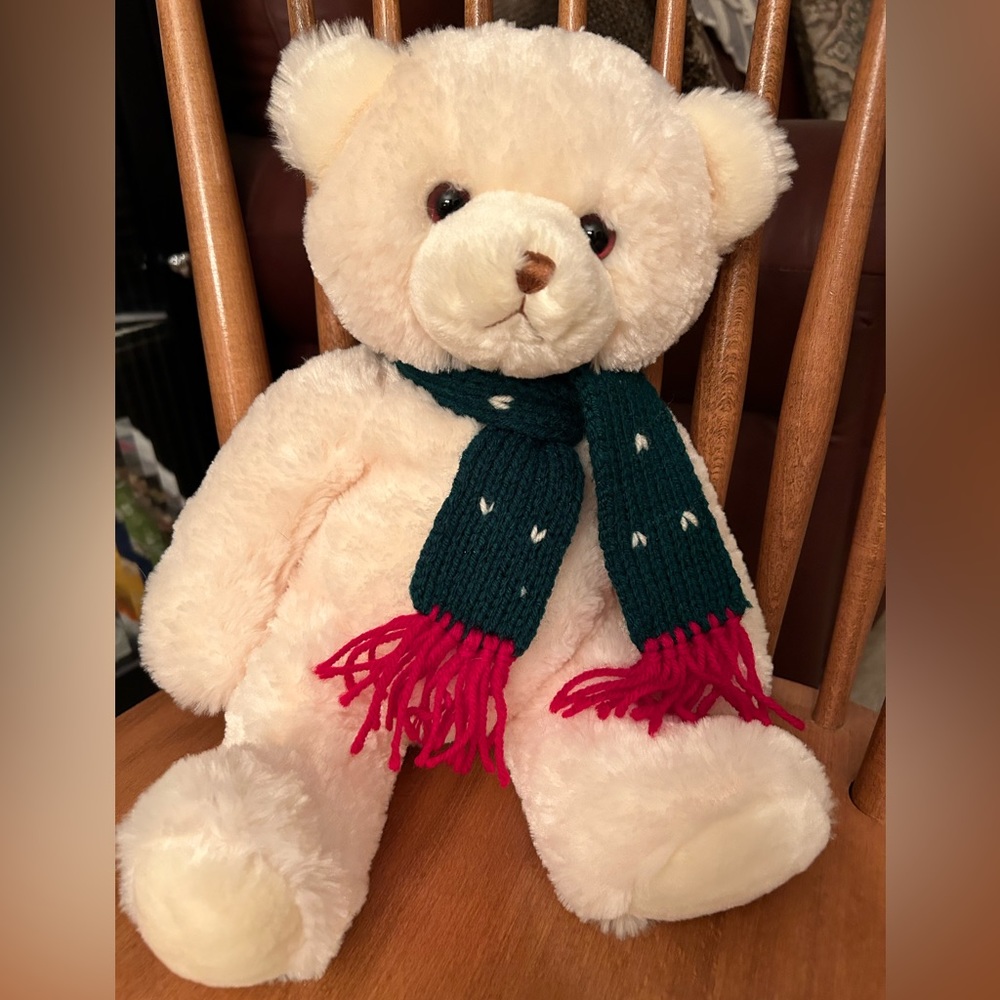 Teddy Bear plush by Princess Soft Toys. Crème color w/green & red scarf Cuddly!